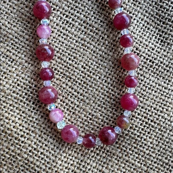 Natural Pink Tourmaline 8mm Bead necklace & Crystal spacers - Picture 5 of 8